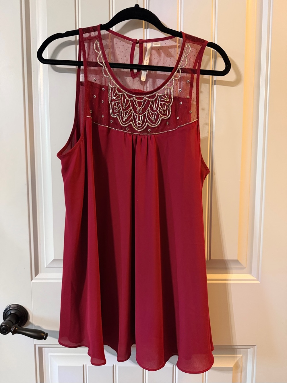 LC Lauren Conrad Burgundy Sheer Yoke Beaded Sleeveless Tank